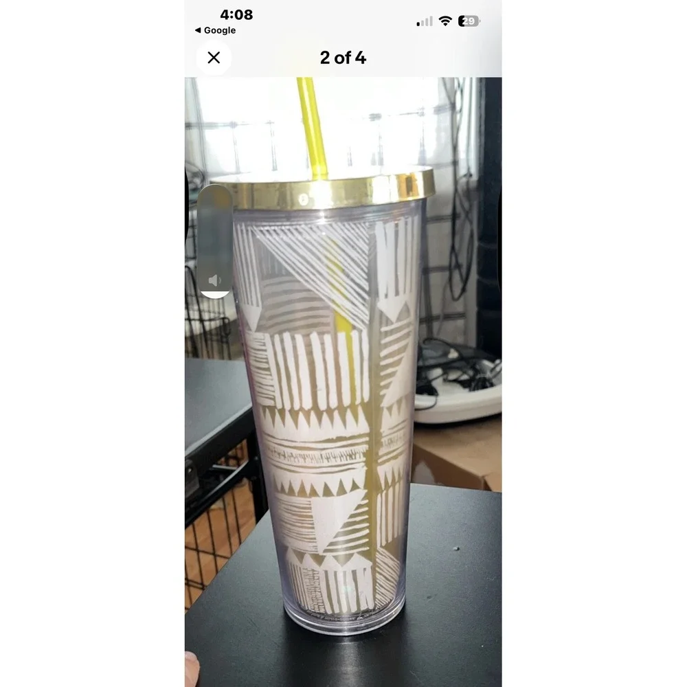 Starbucks 2014 Gold Geometric Tribal Cold Cup Tumbler Venti 24oz‎ Clear dome lid